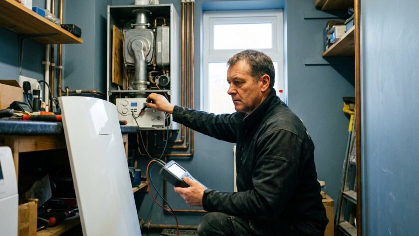 Annual boiler service being carried out by a Gas Safe engineer