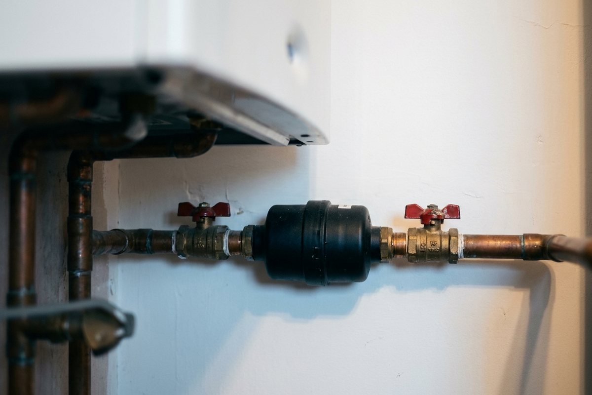 Magnetic system filter installed on a boiler return pipe in East Kilbride