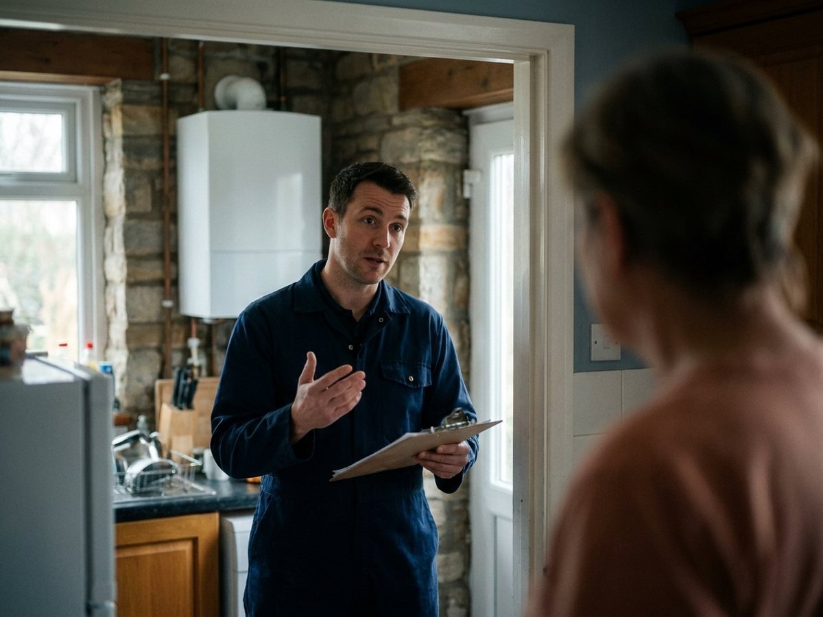 Engineer explaining boiler controls to a customer in East Kilbride