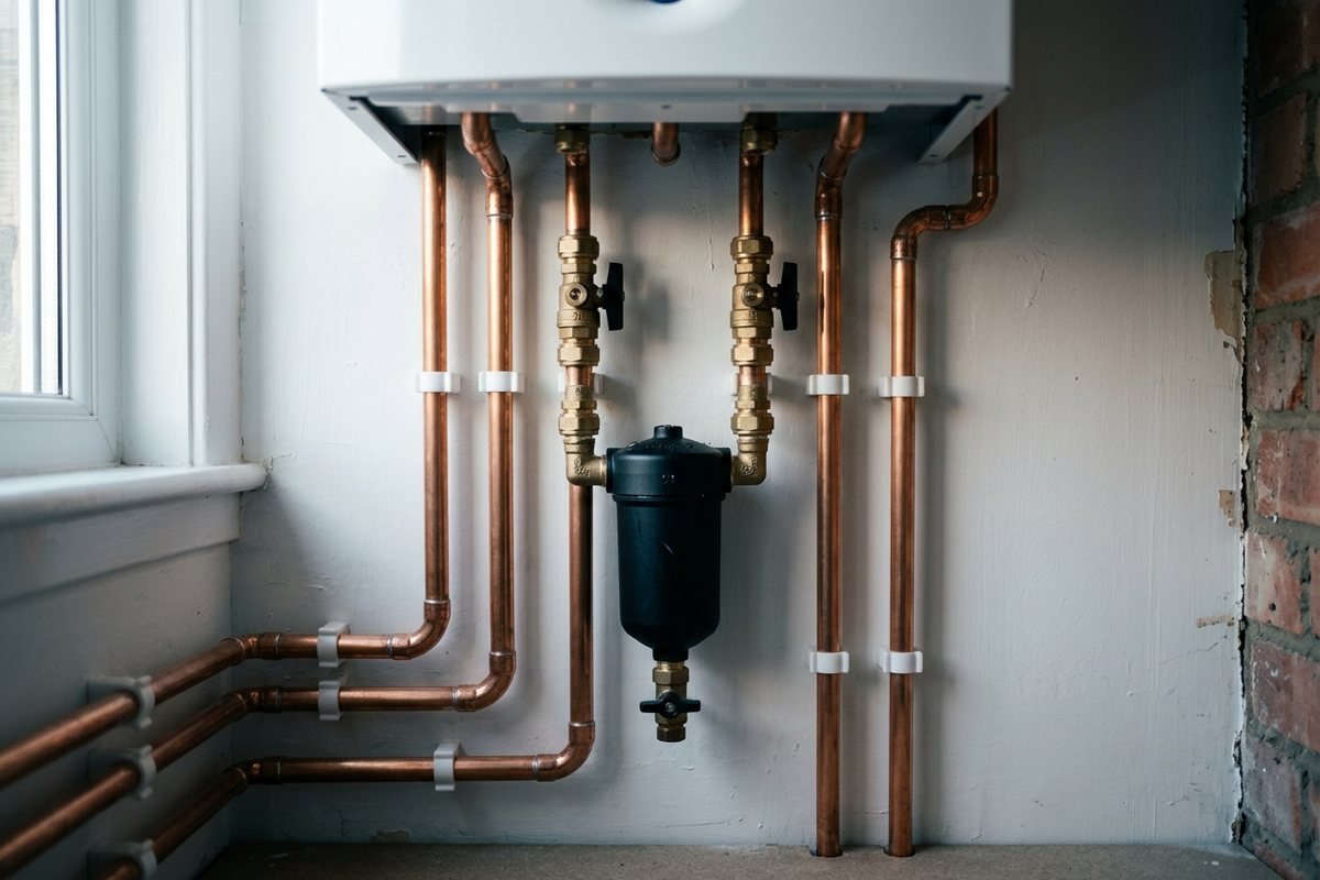 Neatly finished copper pipework and valves under a new boiler